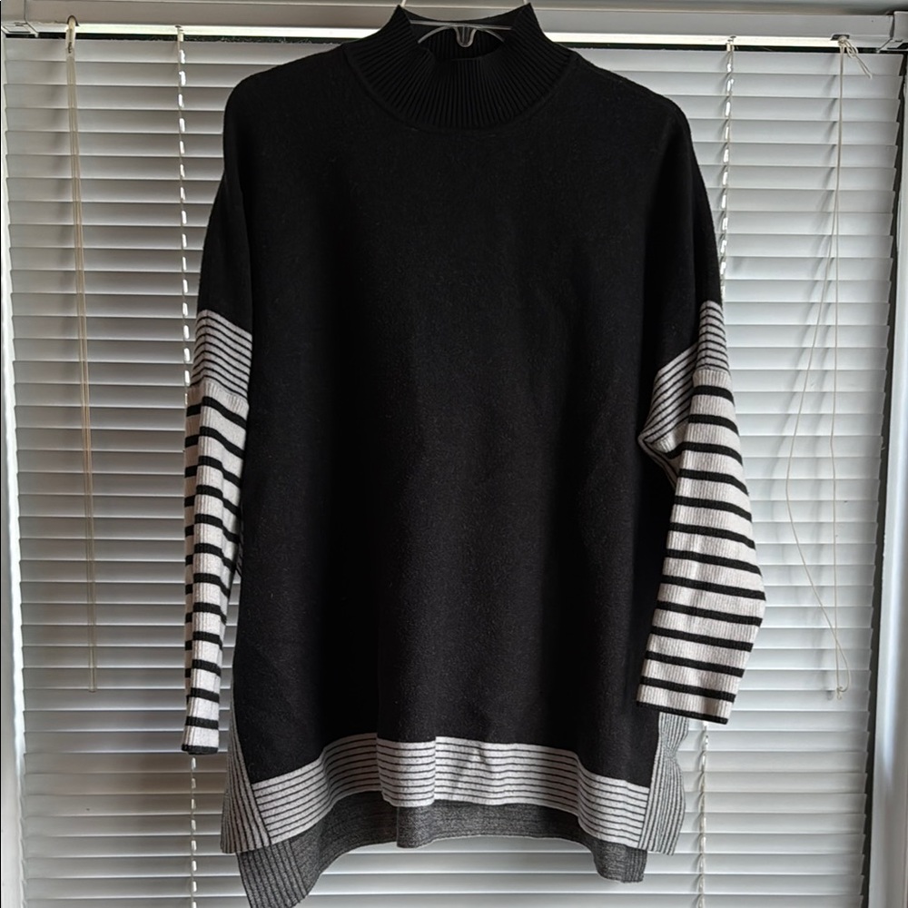 Charcoal Gray and Cream Striped Women’s Mock Sweater